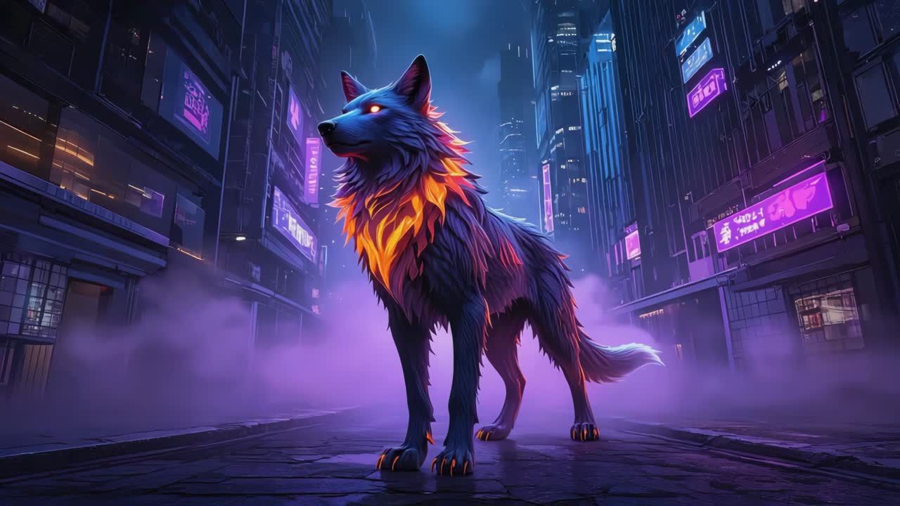 Lupo cyberpunk in un paesaggio urbano al neon