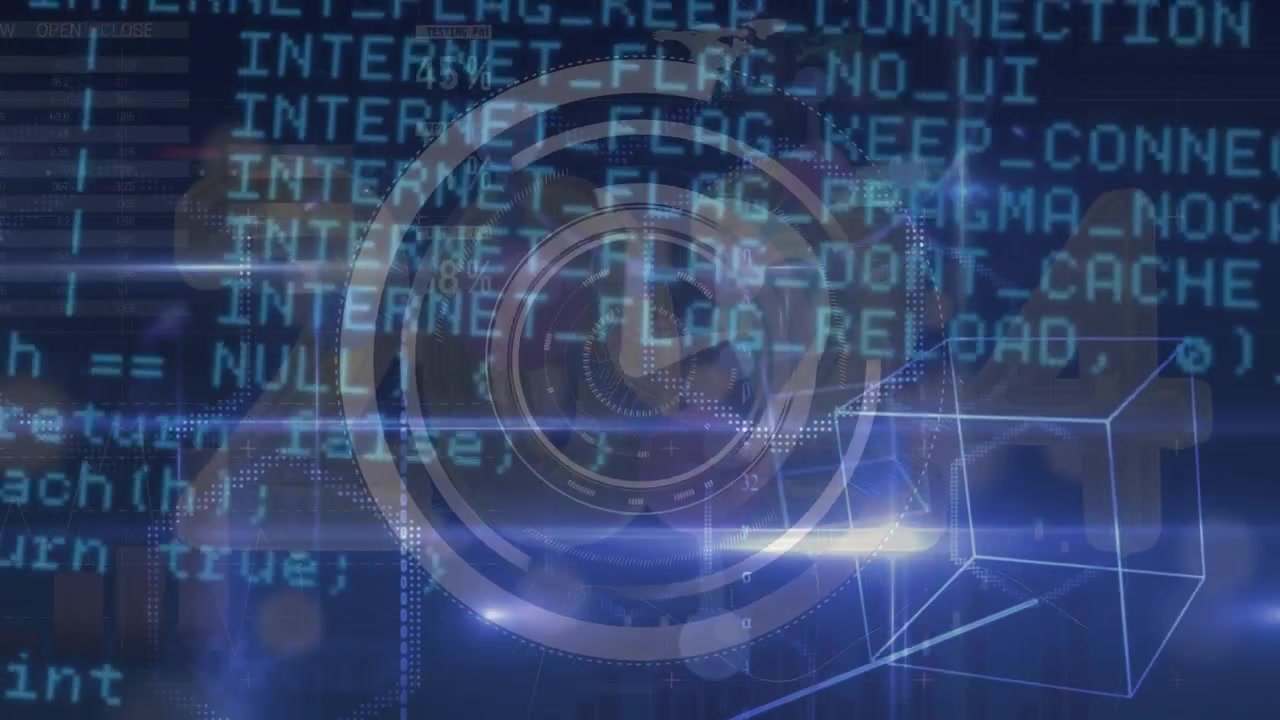 Animation of moving clock over data processing and light trails on black background