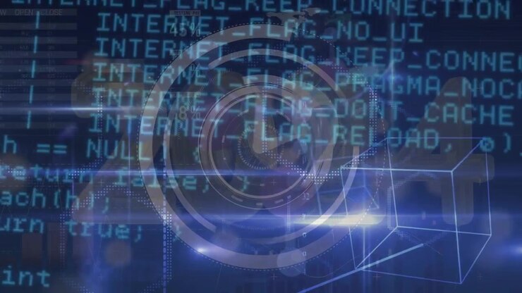 Animation af bevægende ur over databehandling og lysspor på sort baggrund.