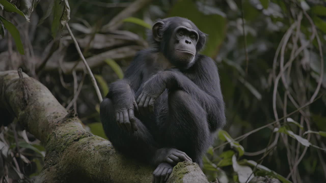 Chimpanzee Sitting on a Tree Branch in the Forest
