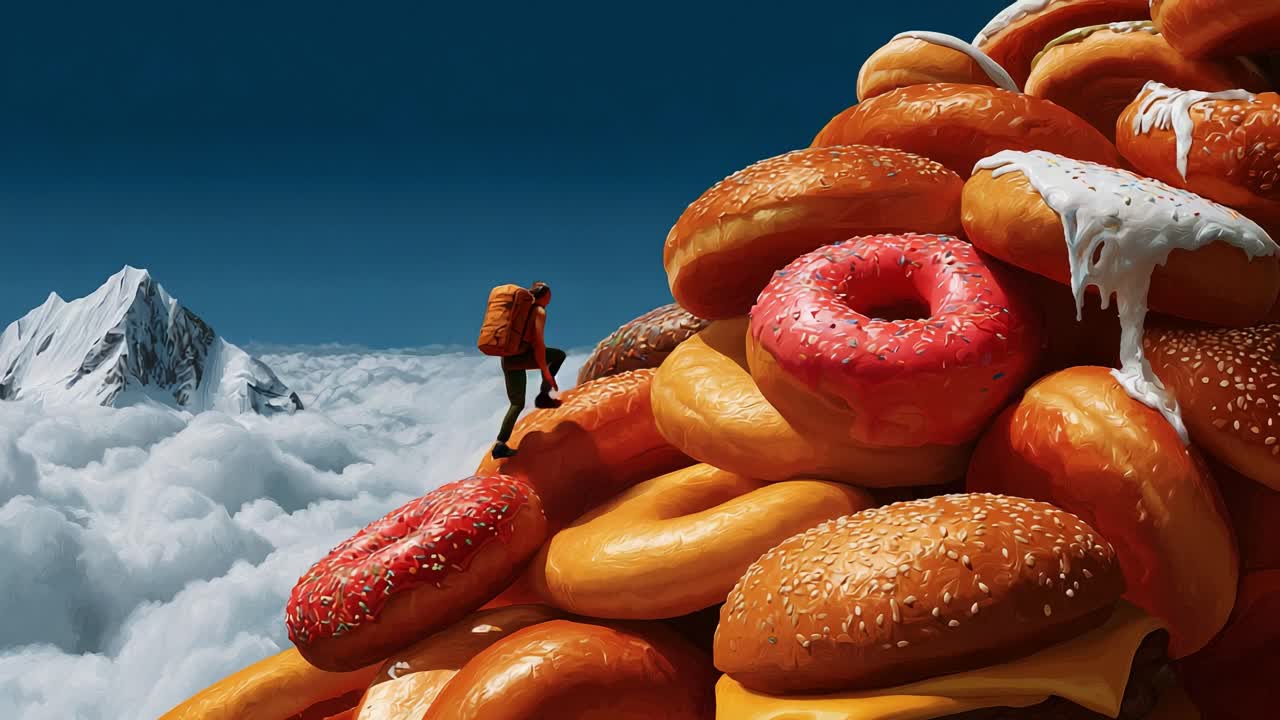 A daring adventurer scales an enormous mountain of colorful donuts, surrounded by clouds and snow-capped peaks, capturing the contrast between sugary indulgence and a wild, breathtaking landscape