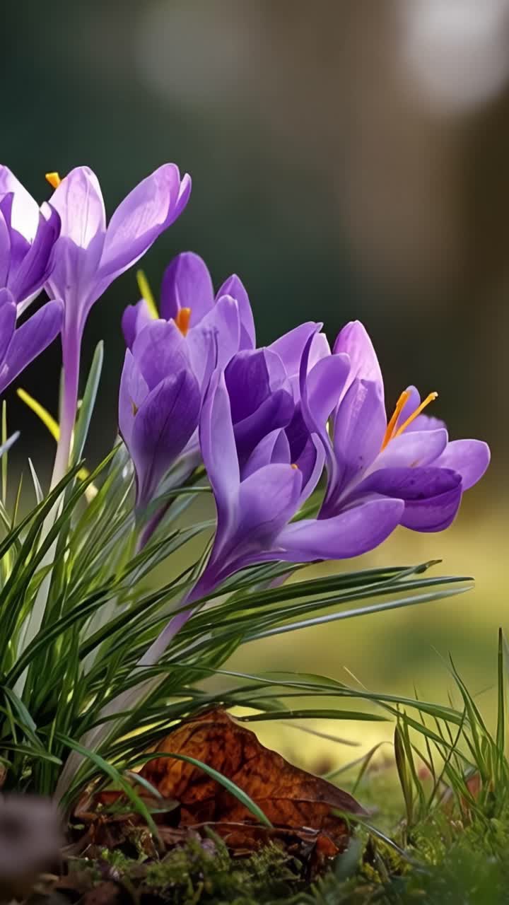 Tampilan Jarak Dekat yang Menakjubkan dari Bunga Crocus Ungu Cerah yang Mekar di Bawah Sinar Matahari, Dikelilingi Rumput Hijau Segar dan Cahaya Hangat Hari Musim Semi yang Indah