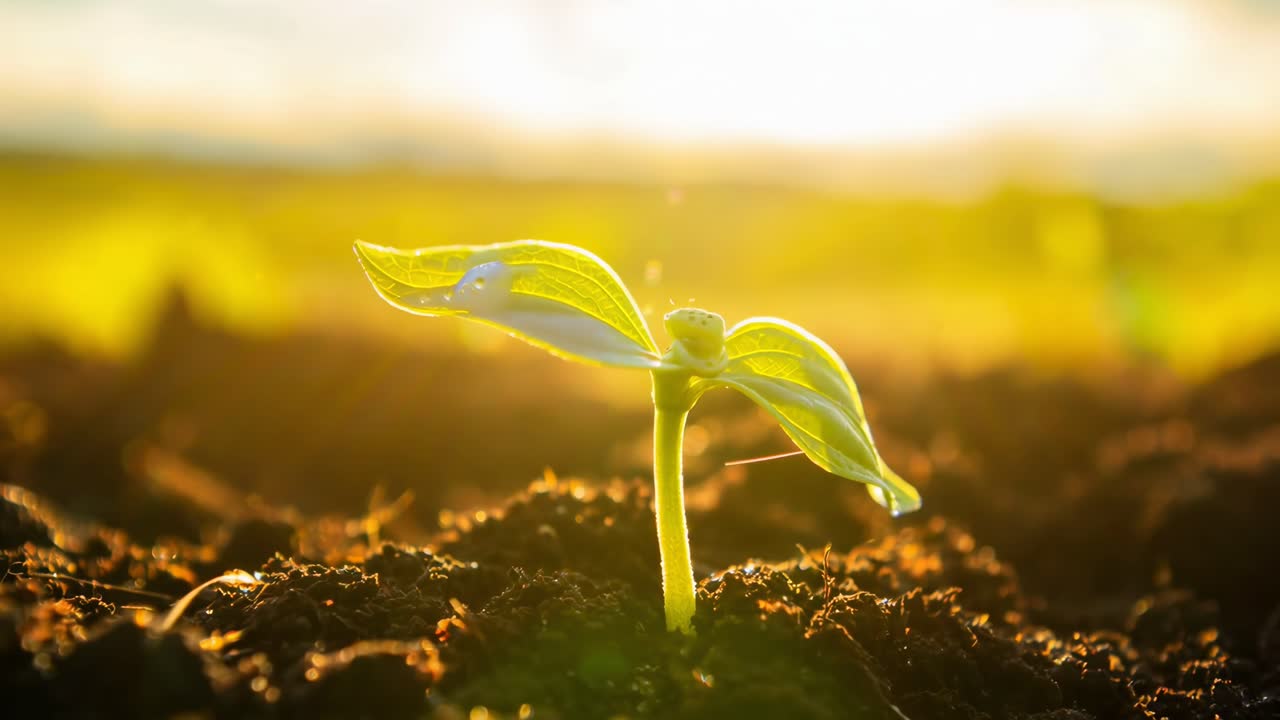 Ângulo de vídeo em primeiro plano de uma planta brotando na terra, banhada pela luz quente do sol, simbolizando o crescimento