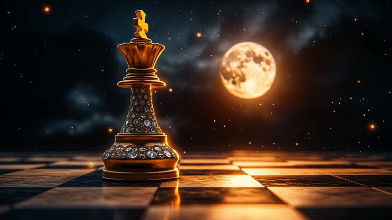 Chess piece illuminated by moonlight. A golden chess king on a checkered board glows under a bright moon, surrounded by stars.