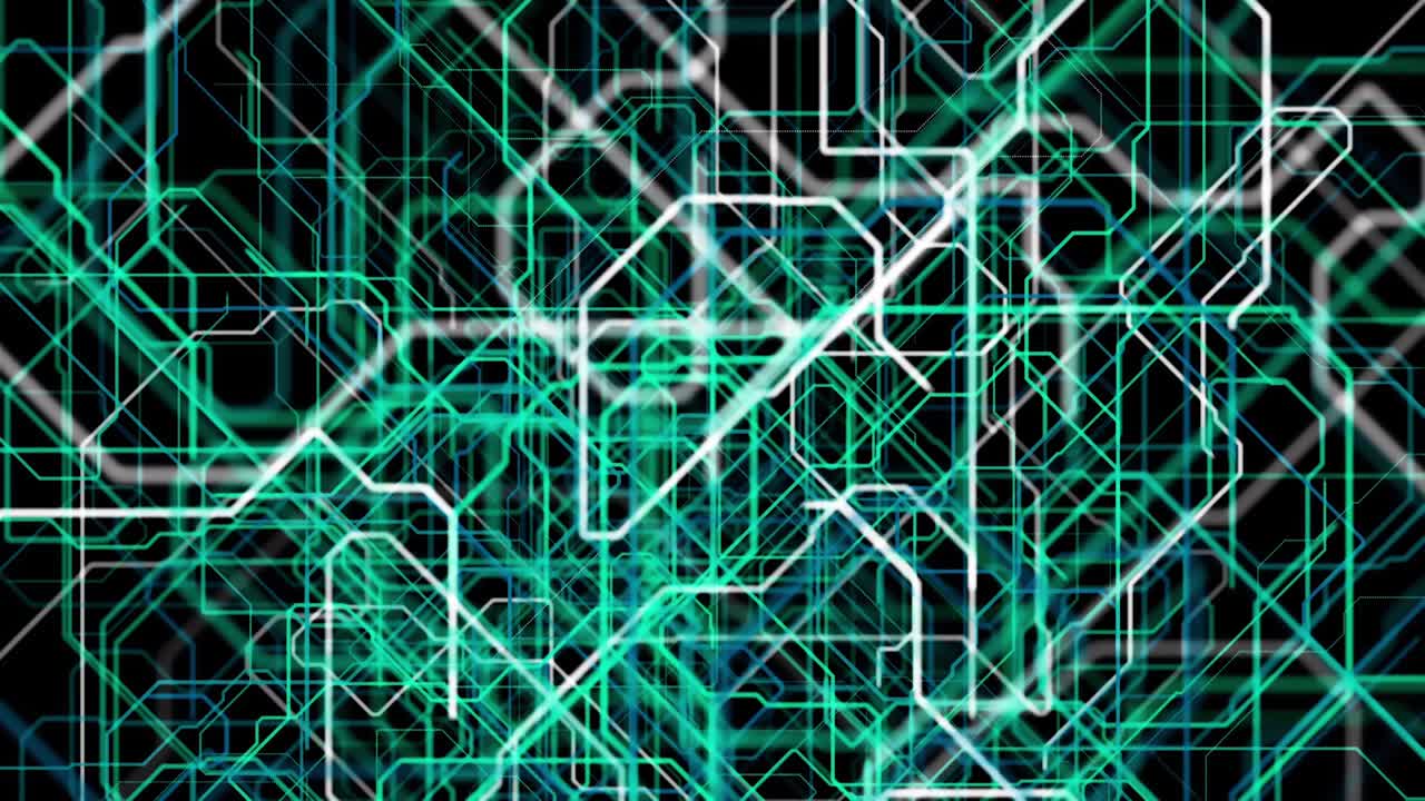 patrón de líneas geométricas abstractas, gráficos en movimiento. animación. cantidad interminable de líneas dobladas verdes, azules y blancas aparecen y crean una estructura compleja en fondo negro