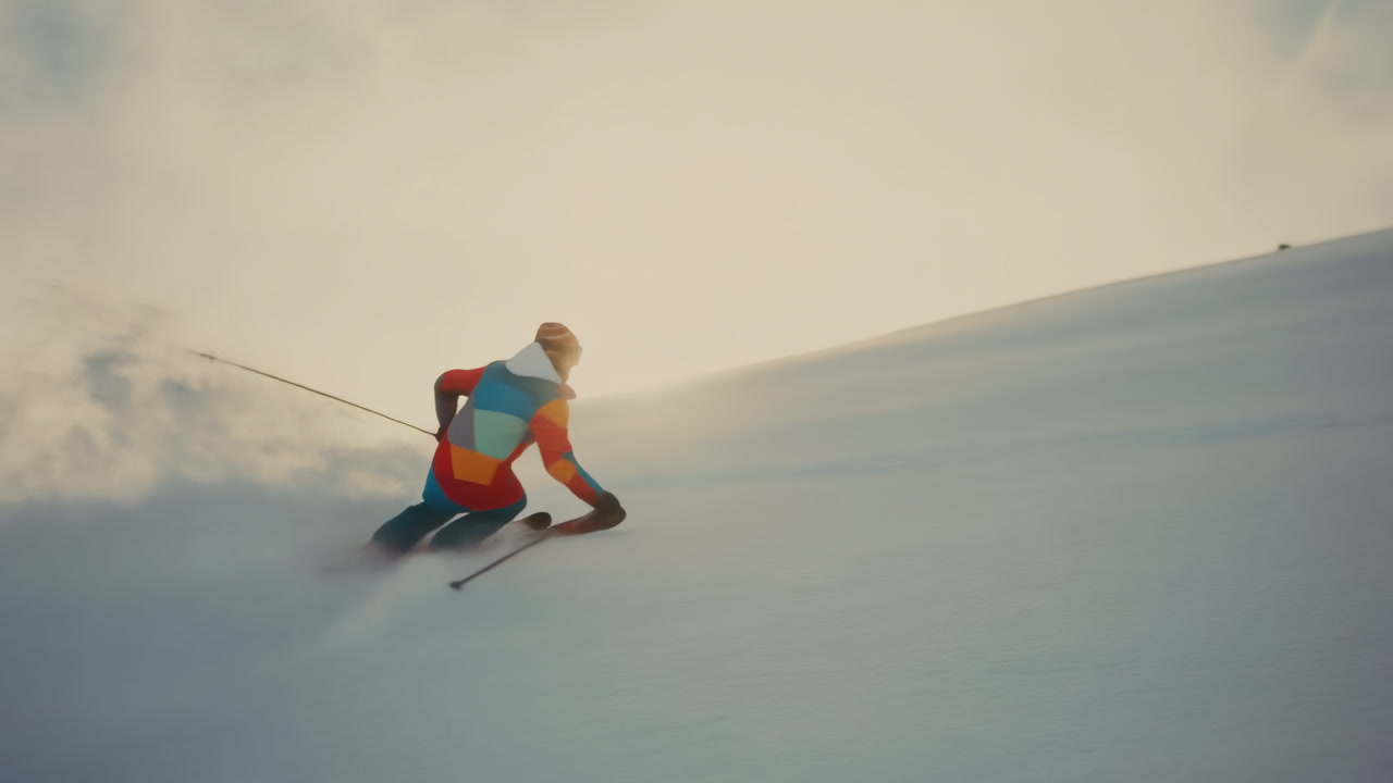 Skier Carving Turns Down a Snowy Mountain Slope