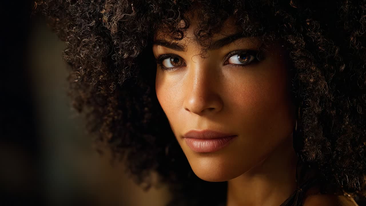 A close-up portrait showcasing the stunning features and captivating gaze of a beautiful individual with striking curly hair, reflecting confidence and allure in a softly lit environment