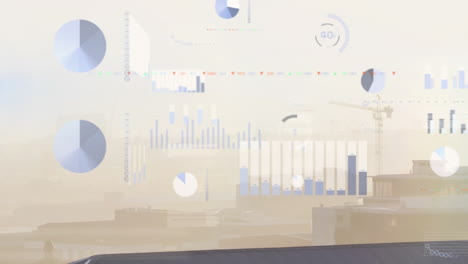 animation of multiple graphs and trading board over modern buildings against sky