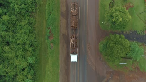 loaded timber truck traversing along a road, transporting wood