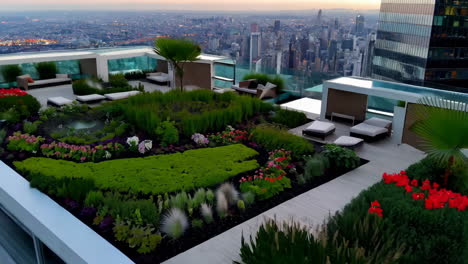 lush rooftop garden with city skyline view at dusk