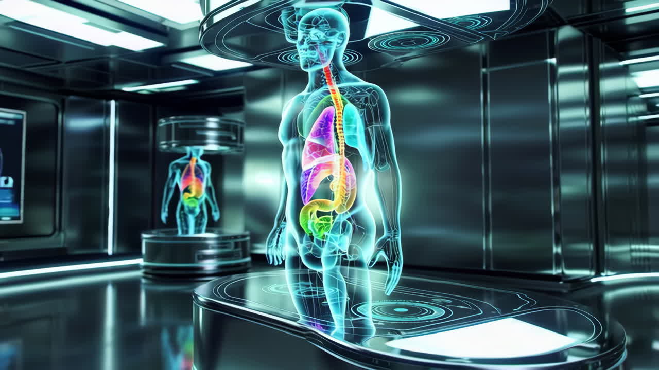 Holographic Human Body Anatomy Display in Futuristic Medical Lab
