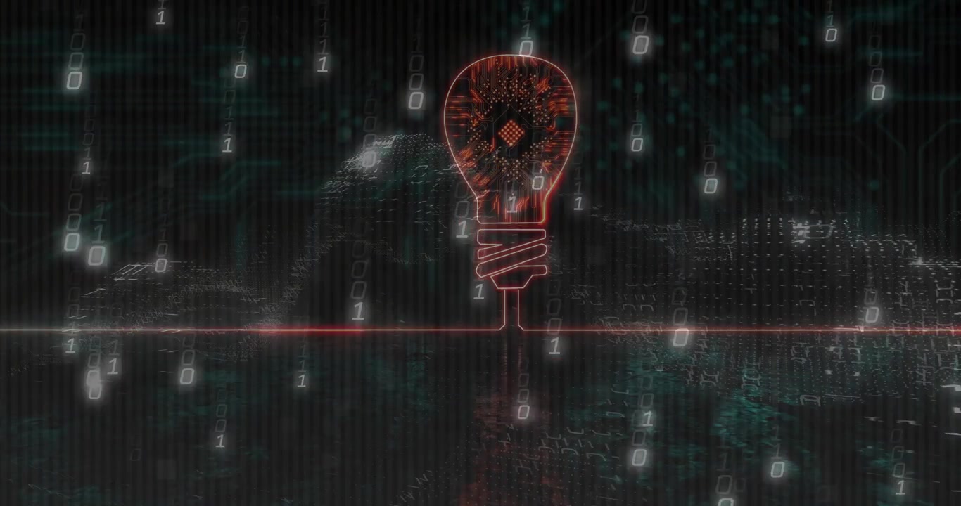 When binary streams descending around red bulb outline igniting microchip pulses on circuit floor