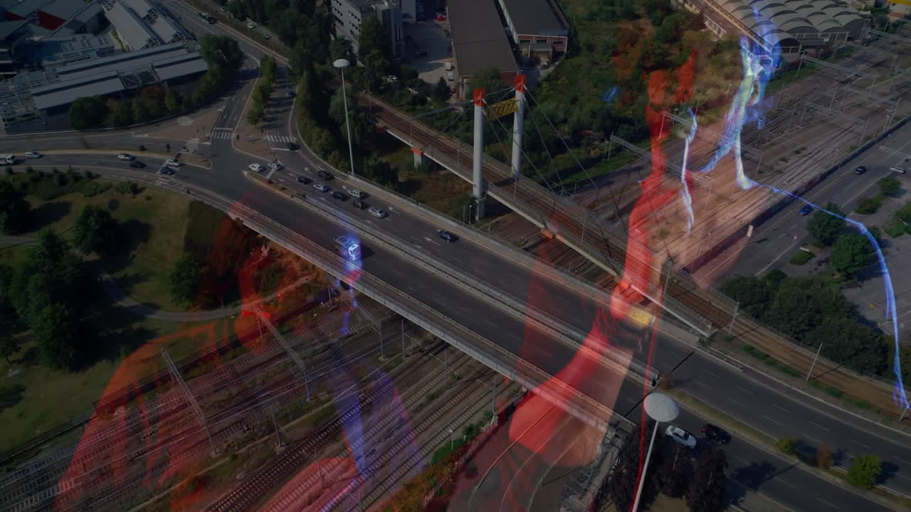 Male artists sharing microphones over transport overlay showing highway and railway lines