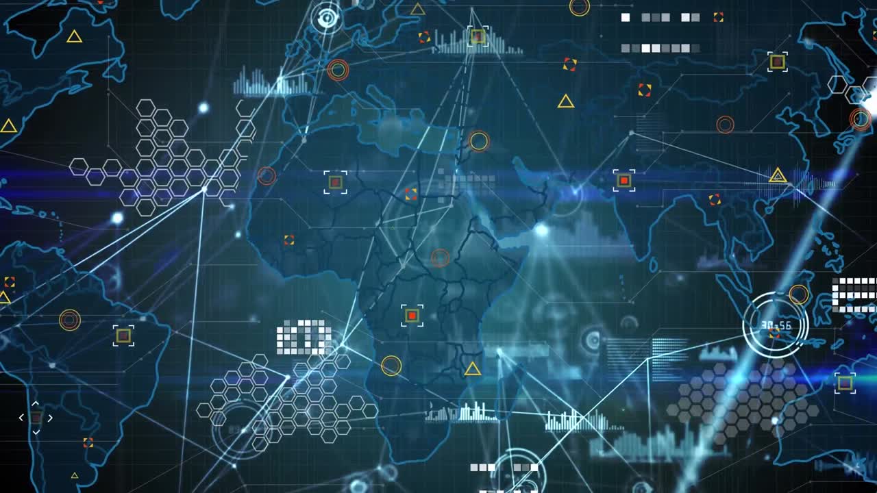 파란색 배경에 대한 세계 지도에 대한 연결 네트워크와 데이터 처리