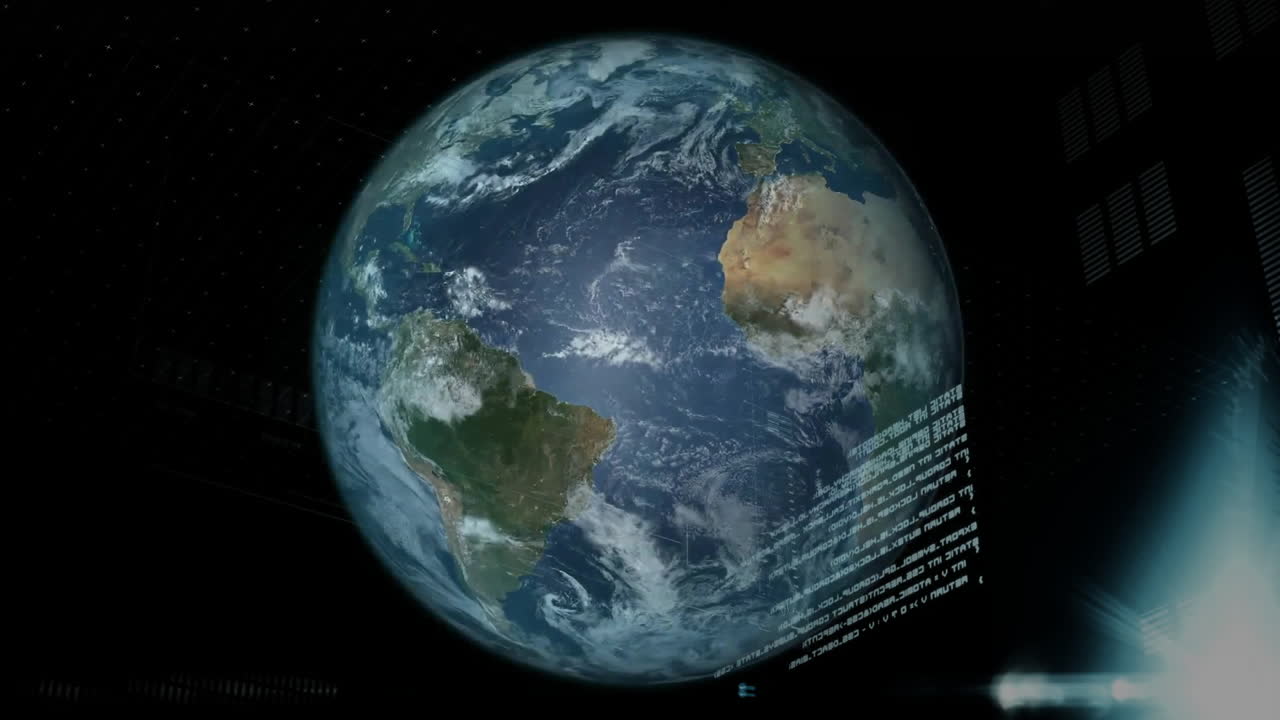 Earth globe being displayed in space, featuring 3D render bar charts grid overlays and data panels