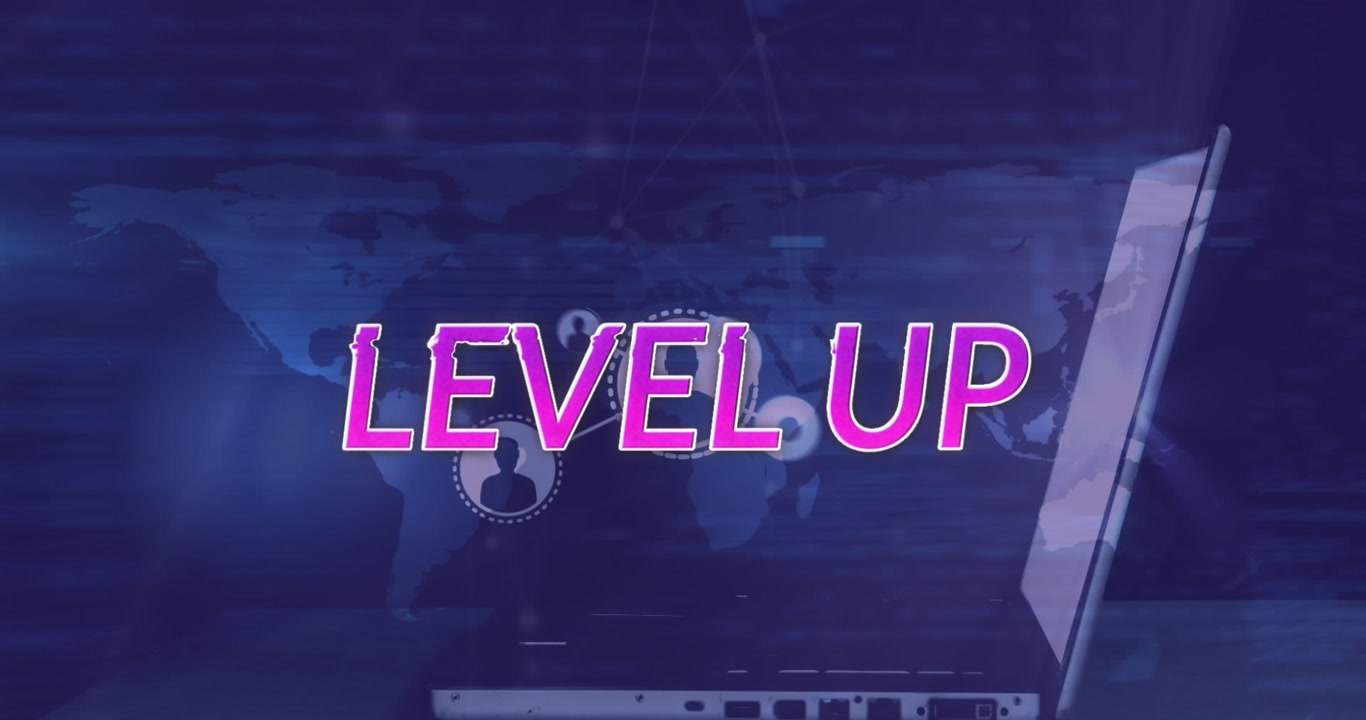 Animation of level up text over network of connections and data processing