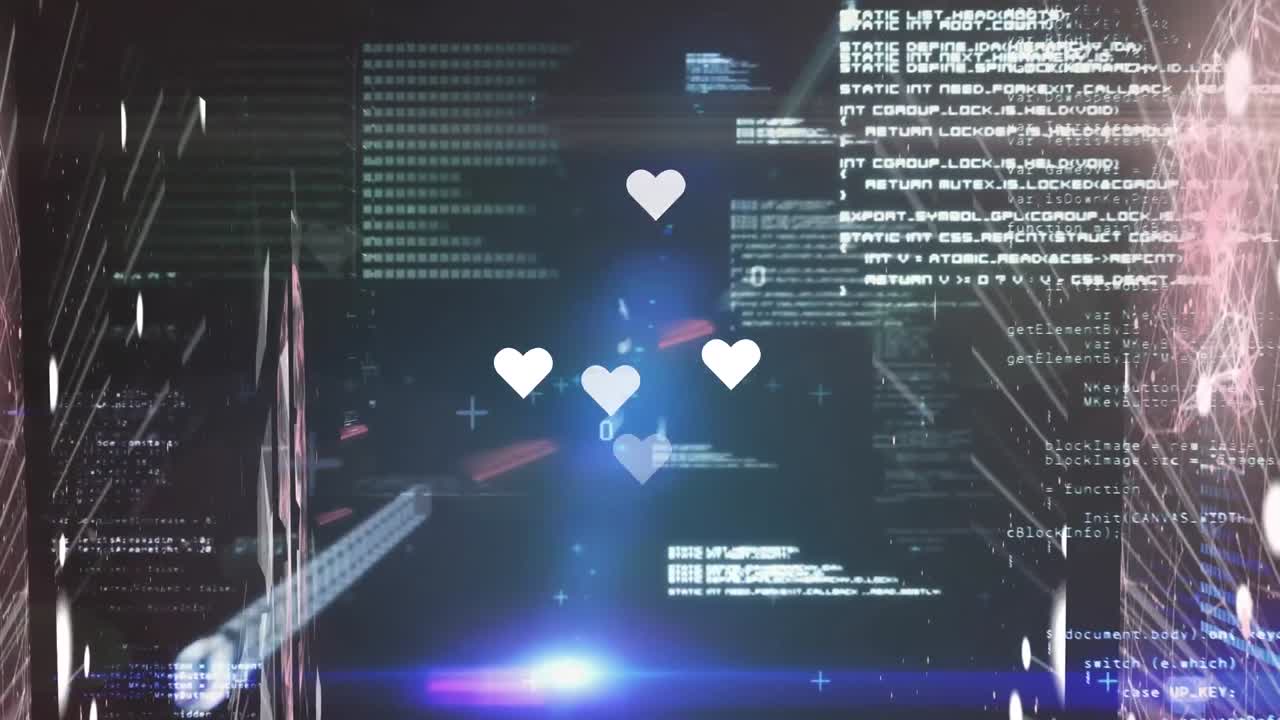 디지털 인터페이스의 애니메이션과 어두운 배경에 떨어지는 아이콘