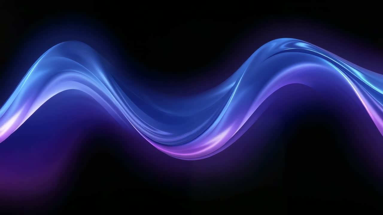 Undulating glossy ribbon propagating rightward on black, triggered by S-curve for wallpaper