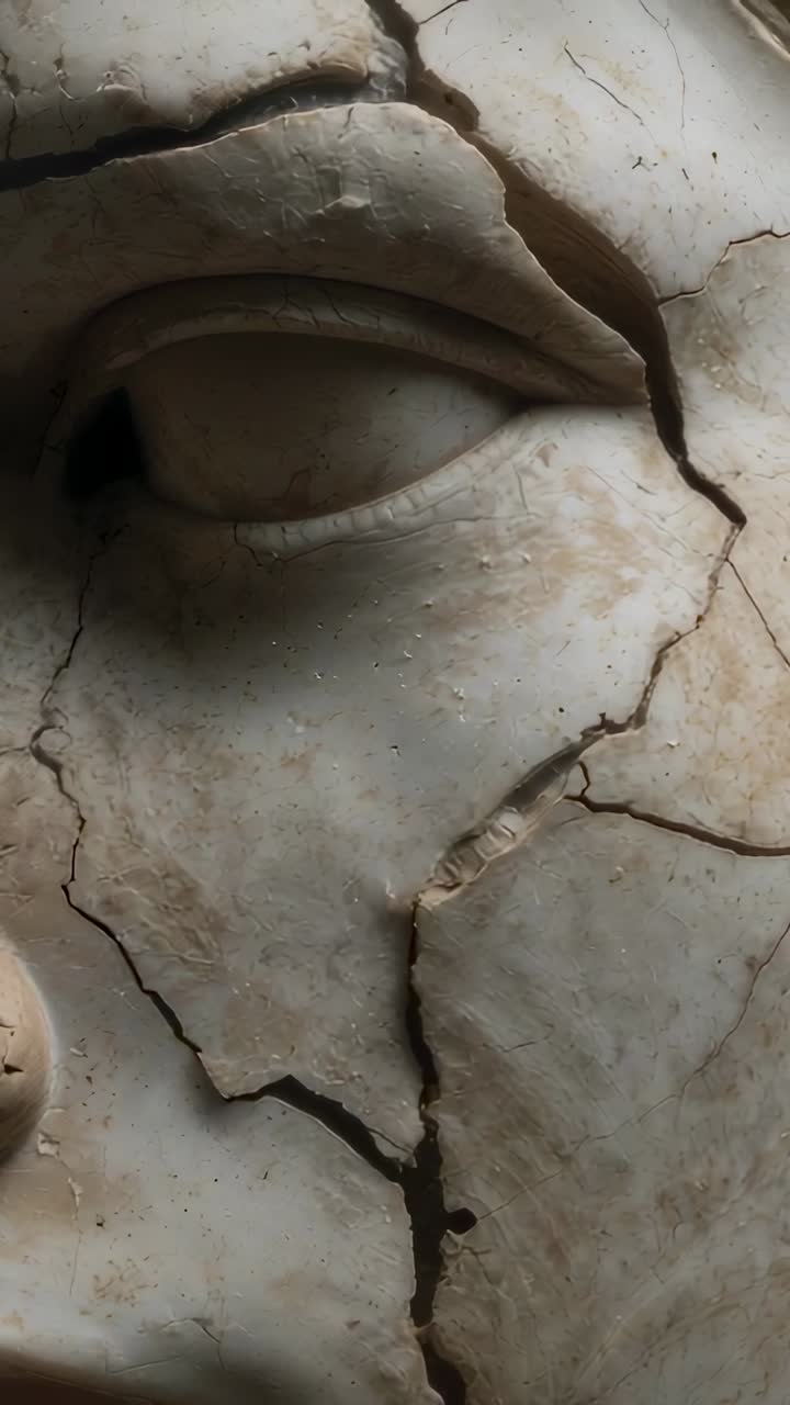 Video verticale: panning e zoom della camera su un busto di pietra in studio, che rivela crepe per lo studio