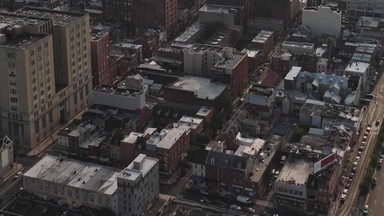 Aerial view of Philadelphia showcasing urban landscape and parking area