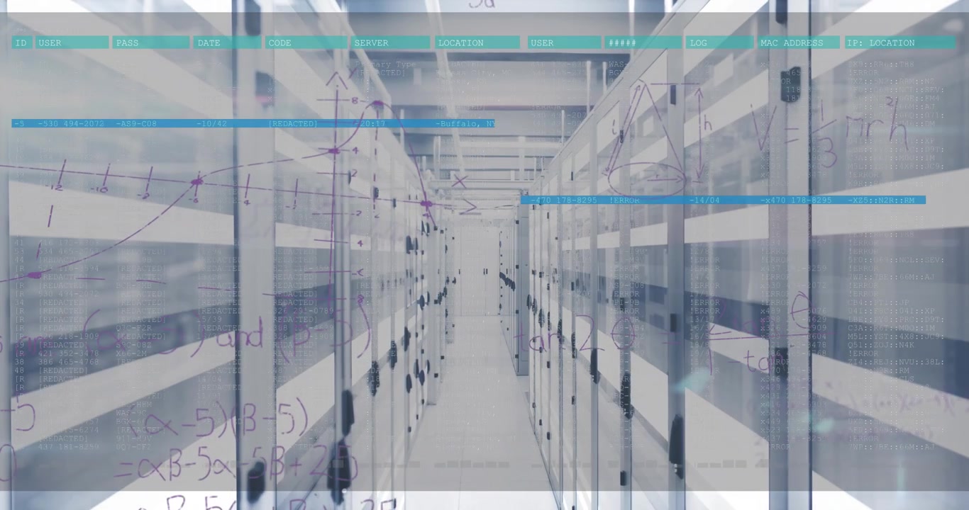 Animation of numbers and data processing on screen over computer servers