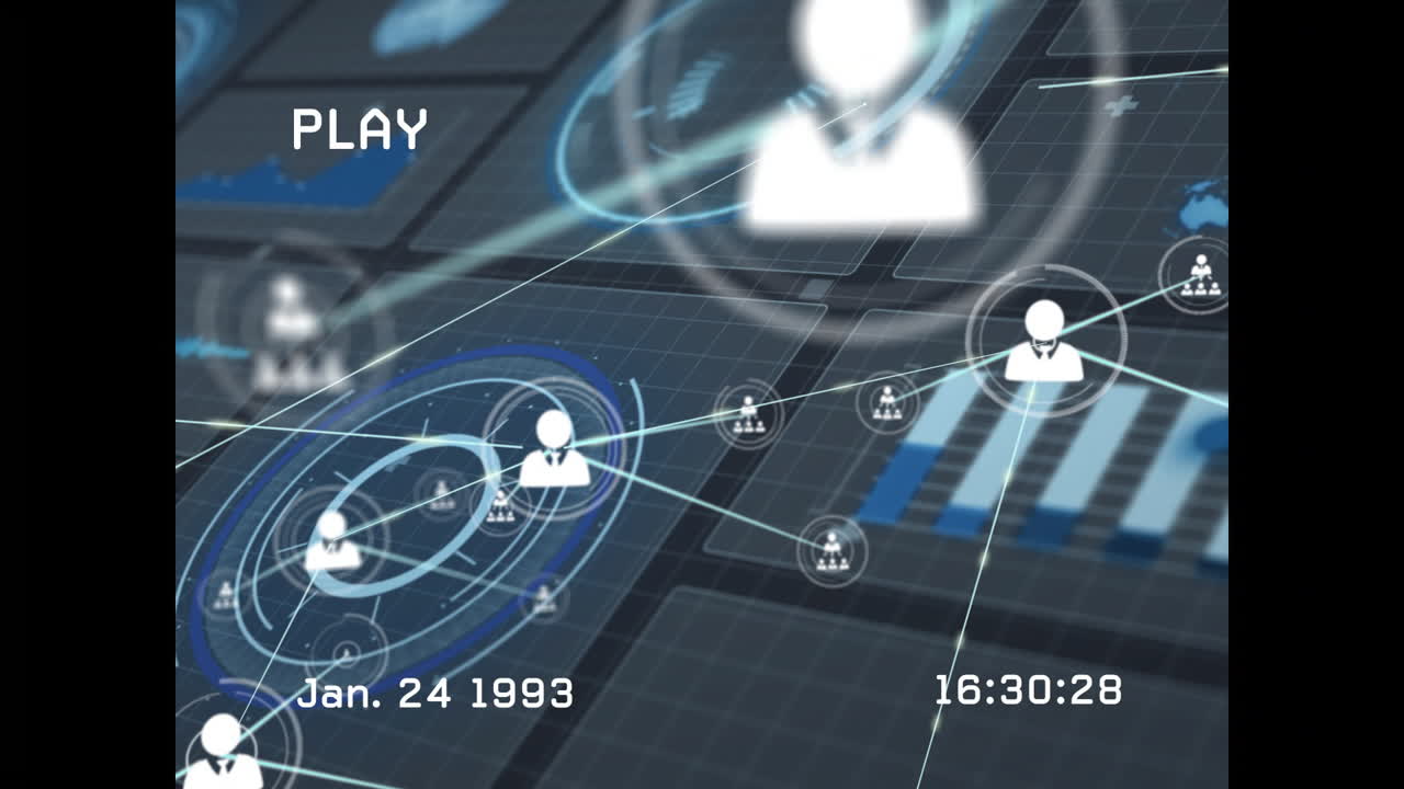 Digital network connections and data processing animation over futuristic interface