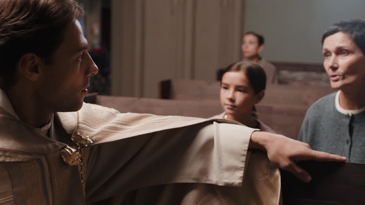 Priest with Children and Woman in Church