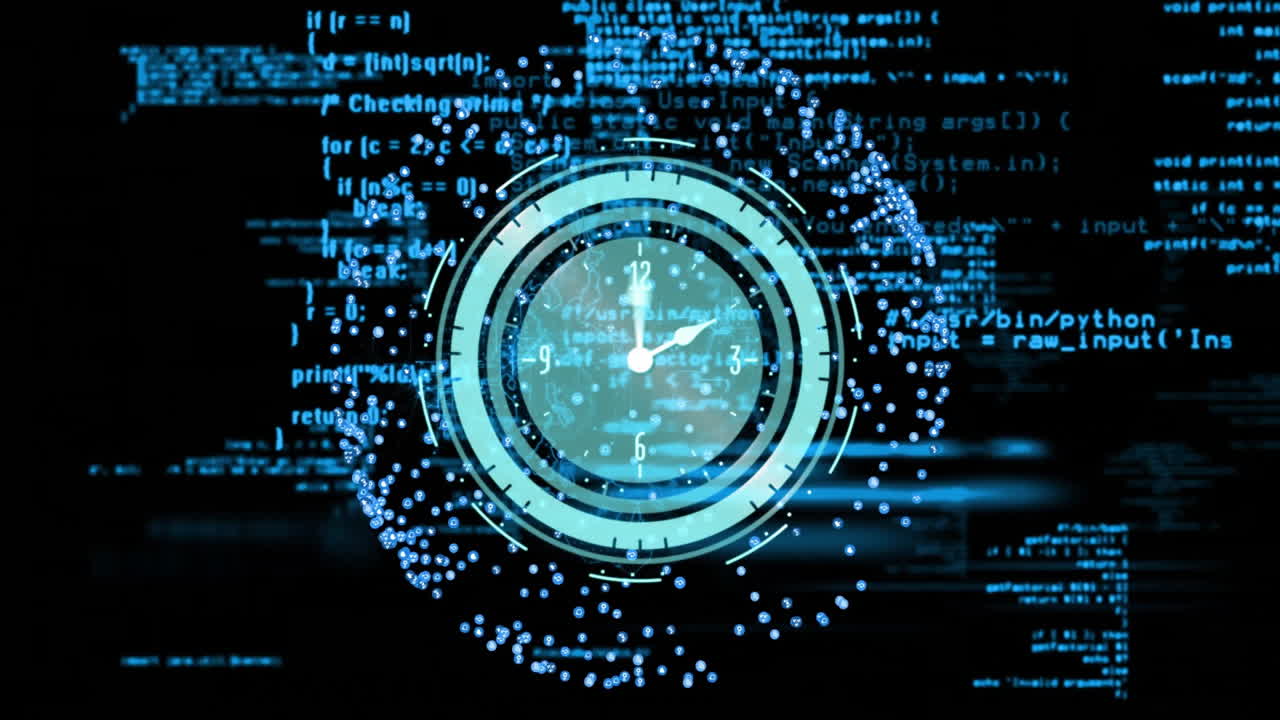 Clock face surrounded by digital code and data processing animation