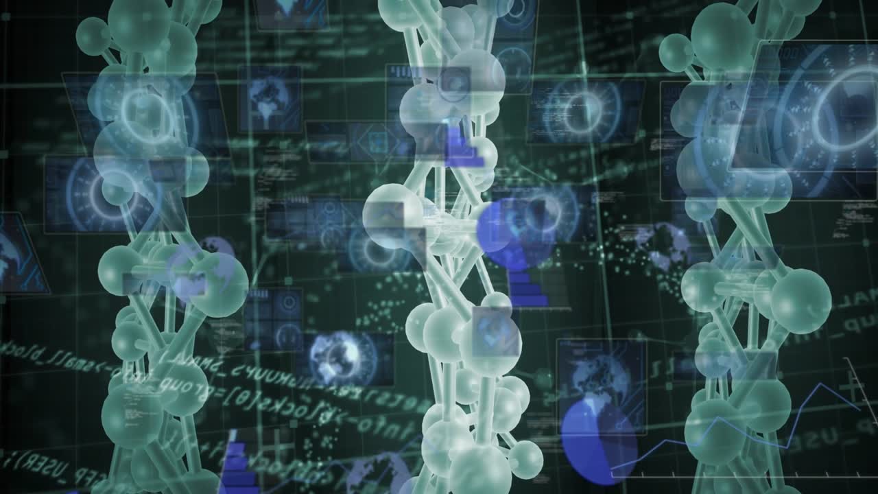 Overlays fading in, three molecular strands rotating and pulsing while visualizing genomic data