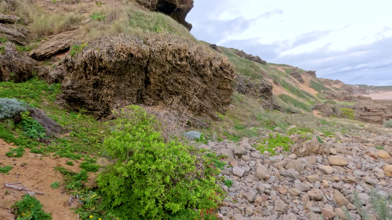 Rocky cliffs and lush greenery along a coastal landscape with ocean views, captured in natural daylight