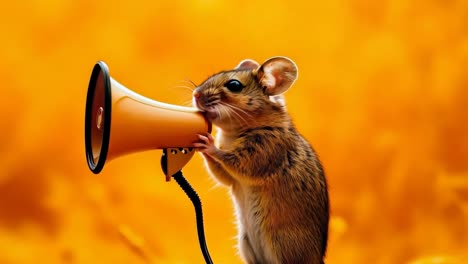 un ratón con un megáfono en su boca sobre un fondo amarillo
