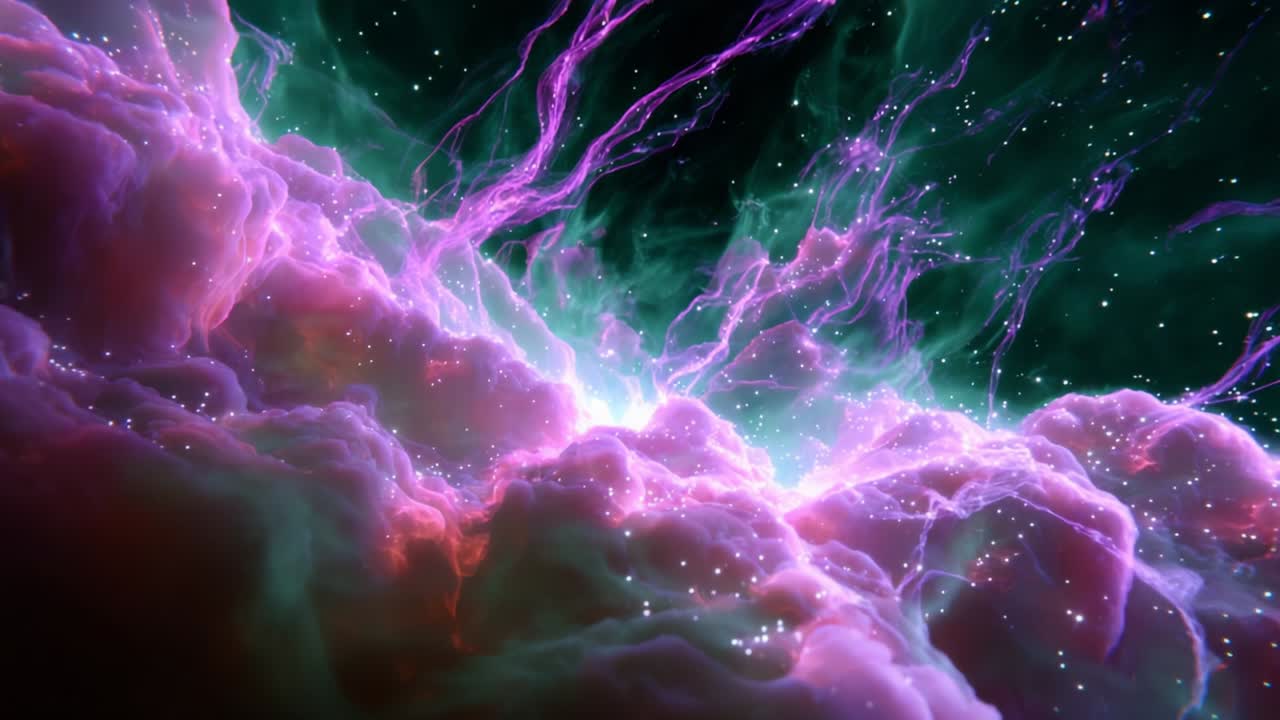 Un spectacle cosmique stupéfiant se dévoile dans un affichage hypnotique de couleurs vibrantes et de lumière éthérée, mettant en valeur le dynamisme de l’espace alors que des nuages tourbillonnants de gaz et d’étoiles interagissent dans une nébuleuse à couper le souffle.