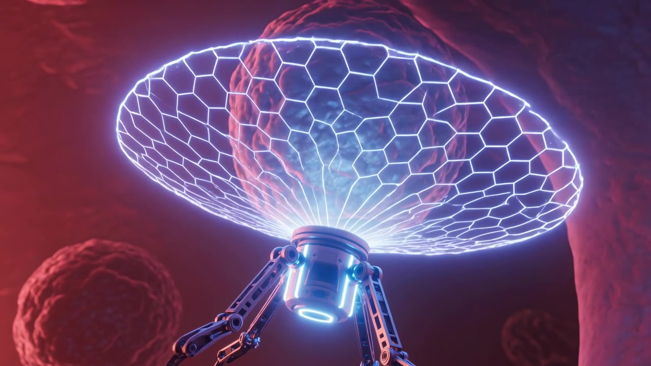 Activating emitter, tripod probe forming hexagonal mesh dome enclosing cells inside red tissue
