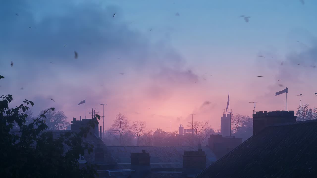 Shifting mist, flags moving and birds crossing sky from roof in light breeze, with church spire