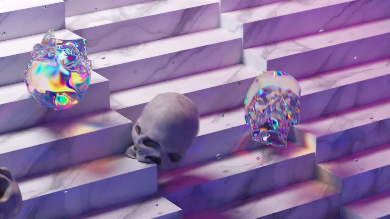 추상적인 3d 대리석 계단, 두개골과 액체