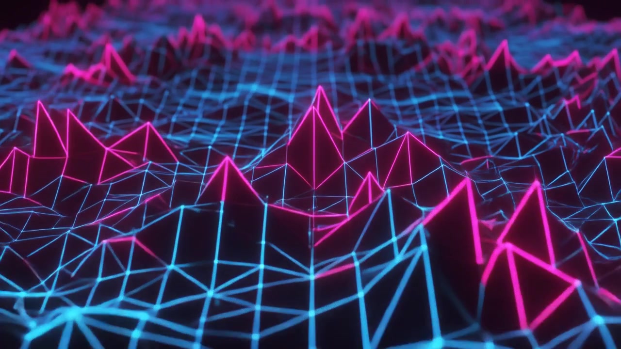 Abstract Digital Landscape with Neon Pink and Blue Wireframe Grid