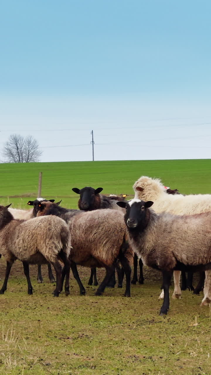 Deliziose pecore lanose nel gregge che camminano lungo il pascolo. Pecore domestiche si allontanano dalla telecamera. Video verticale