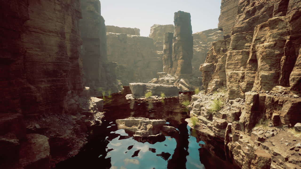 Majestic canyon landscape with shimmering water reflecting the sun