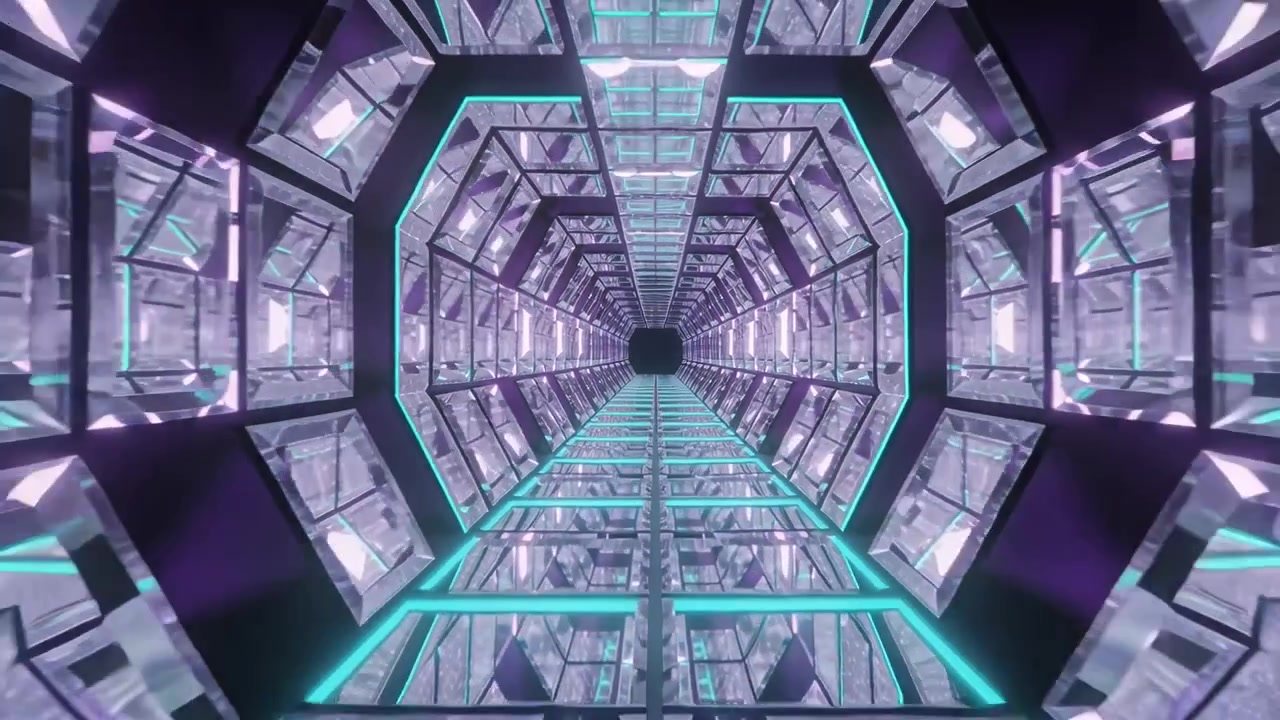 Advancing futuristic faceted corridor moving forward after simulation start, reflecting teal light