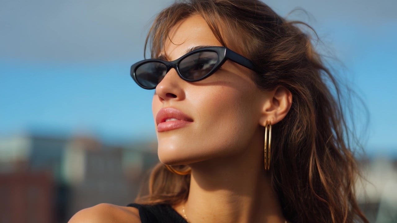 A confident young woman wearing stylish sunglasses poses outdoors, showcasing her distinctive fashion sense and expressive features against a vibrant backdrop.