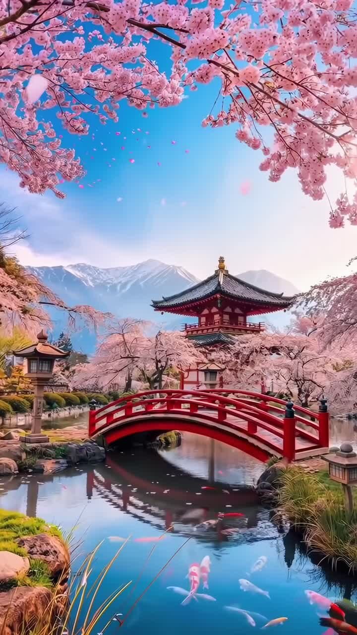 Una scena video serena di un giardino giapponese con fiori di ciliegio, ripresa da una angolazione bassa, Live mobile