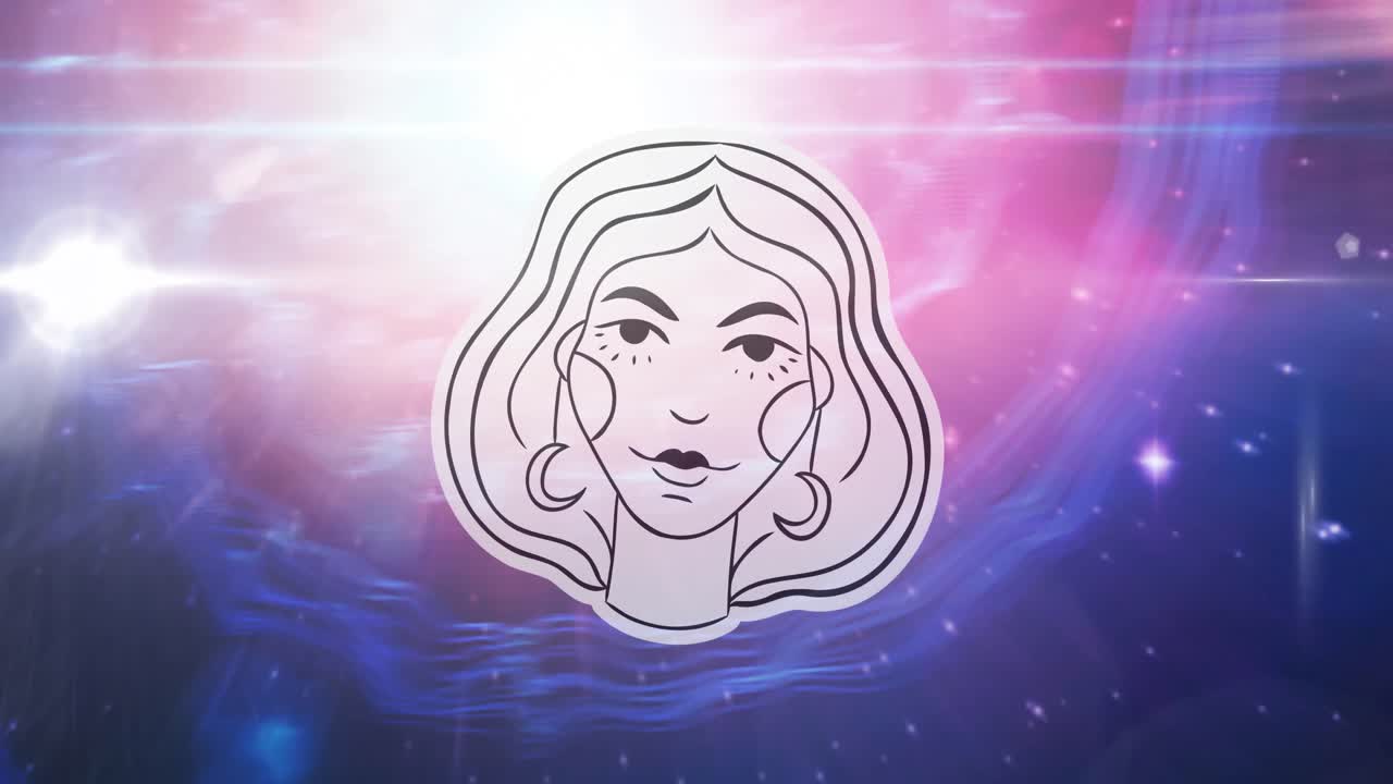 Animation of virgo star sign over sun shining and stars on night pink to blue sky