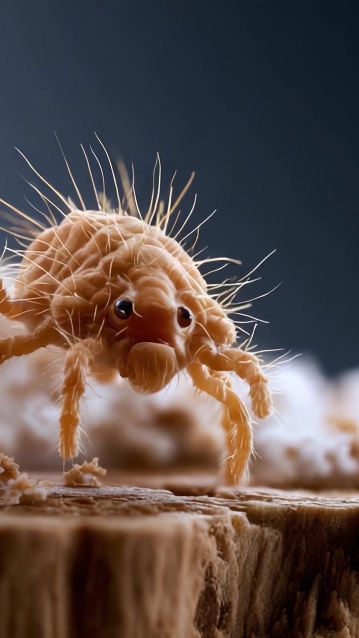 Dettagliato primo piano di un piccolo aracnide con caratteristiche distintive, che mostra la sua fisica e il suo movimento unici su uno sfondo tenue.