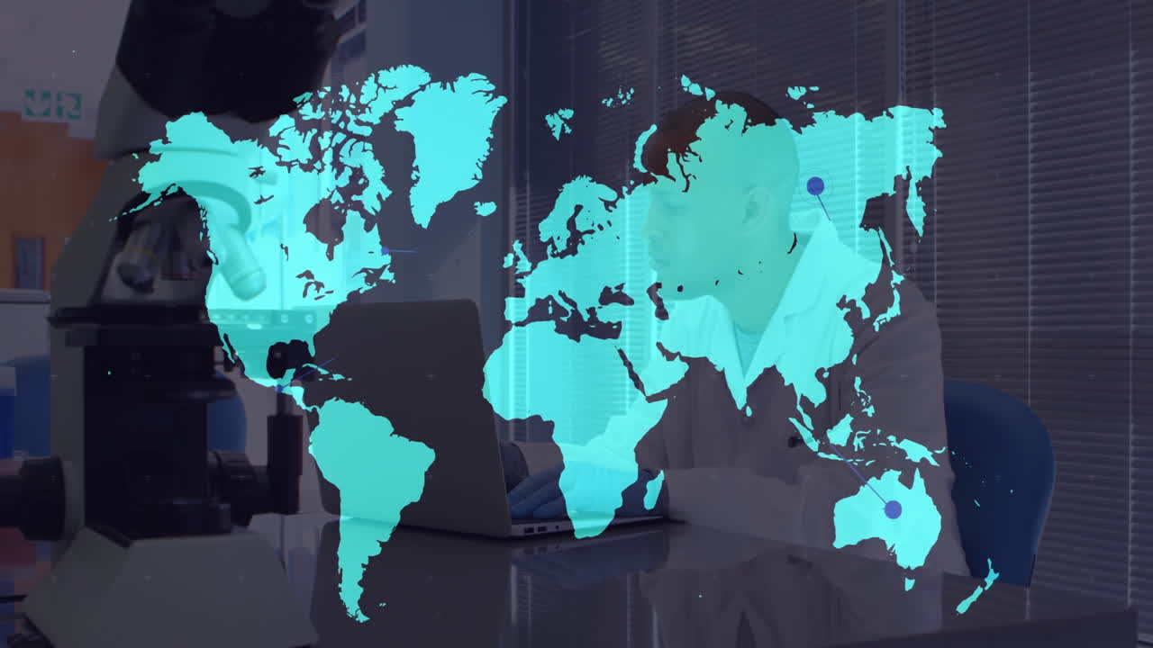 World map with data points animation over scientist working in laboratory
