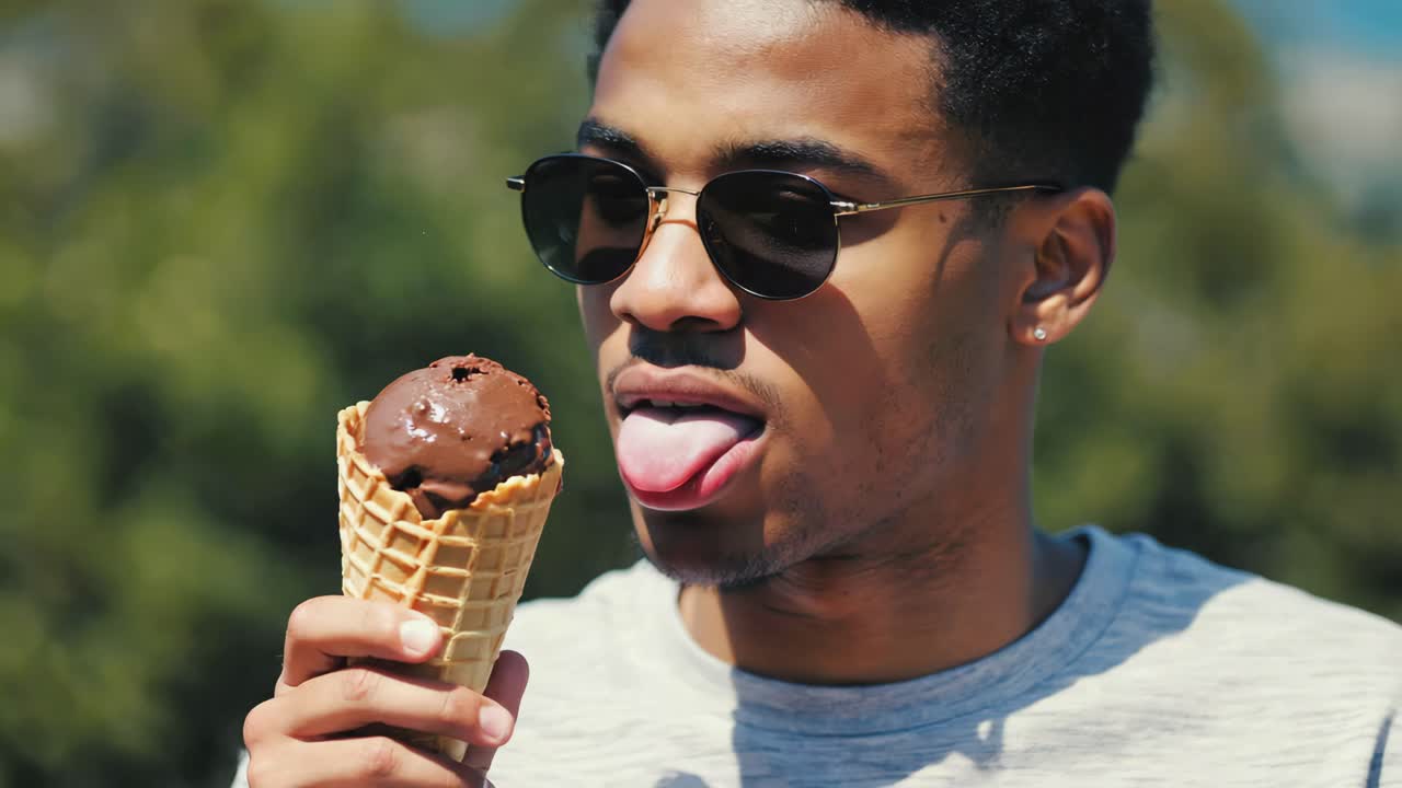 Man eating chocolate ice cream cone in sunglasses