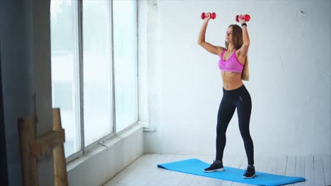 woman performing dumbbell shoulder press exercise