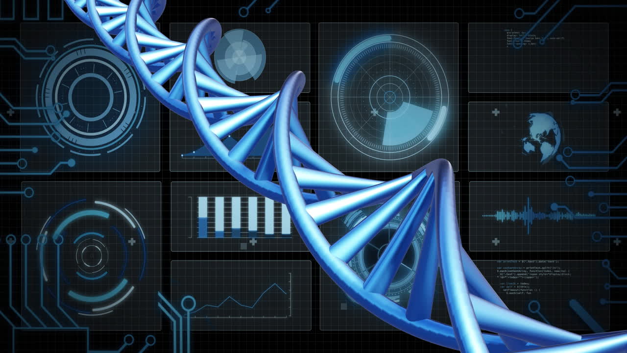 Animation of dna strand spinning with data processing over black background