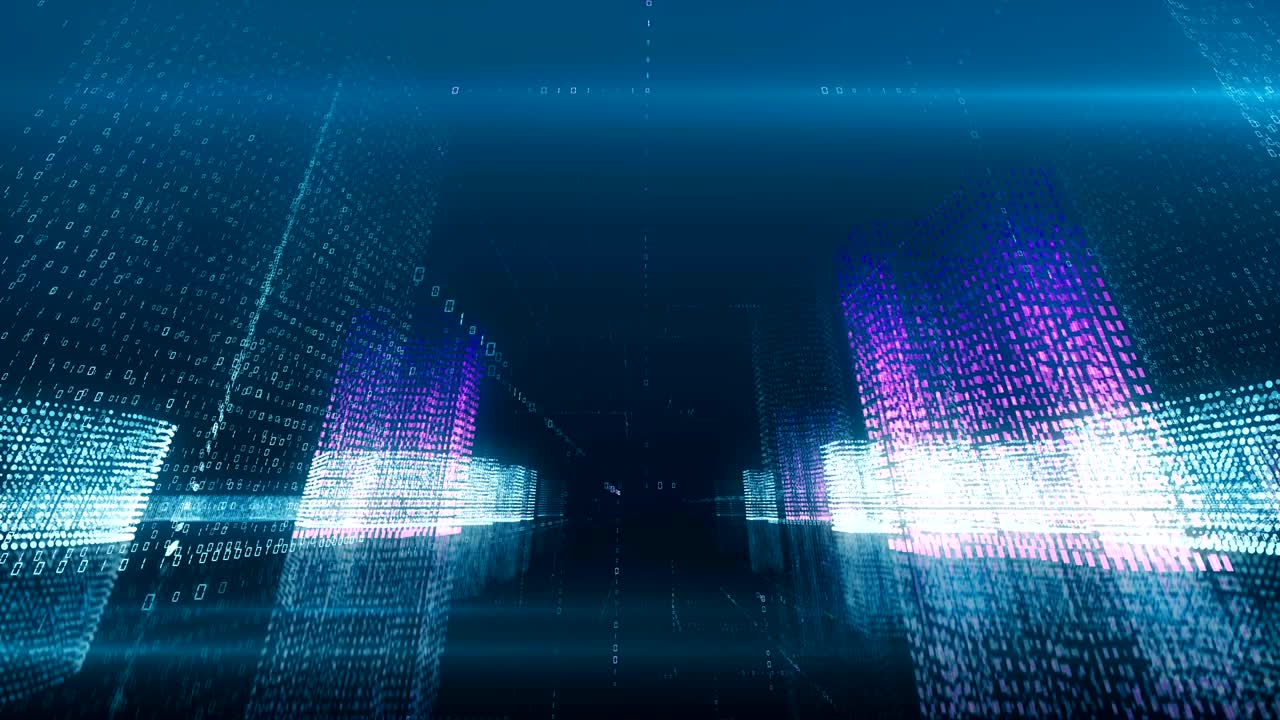 vuelo abstracto sin problemas en una ciudad digital virtual en un espacio de código binario, color azul