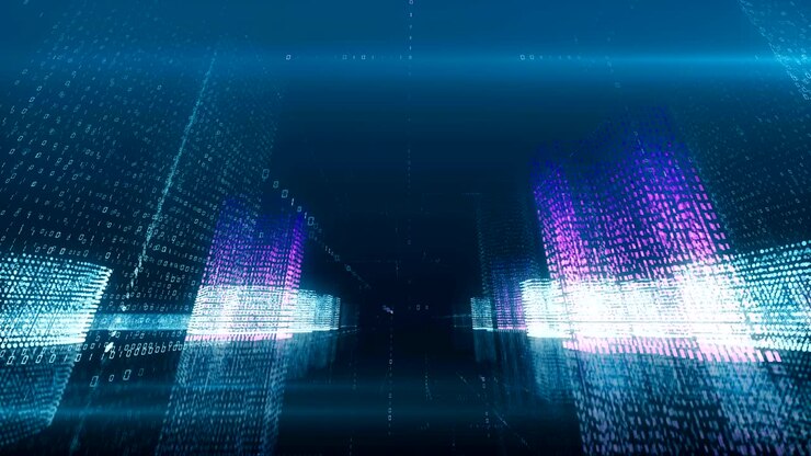 Seamless abstract flight in a virtual digital city in a binary code space, blue color