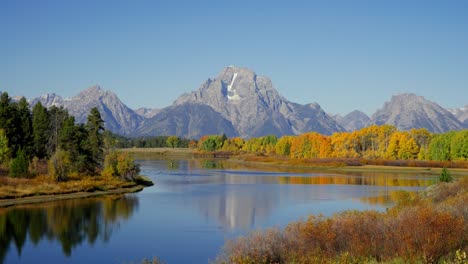 Fall at Oxbow Bend in Grand Teton National Park, Wyoming with bright yellow colors